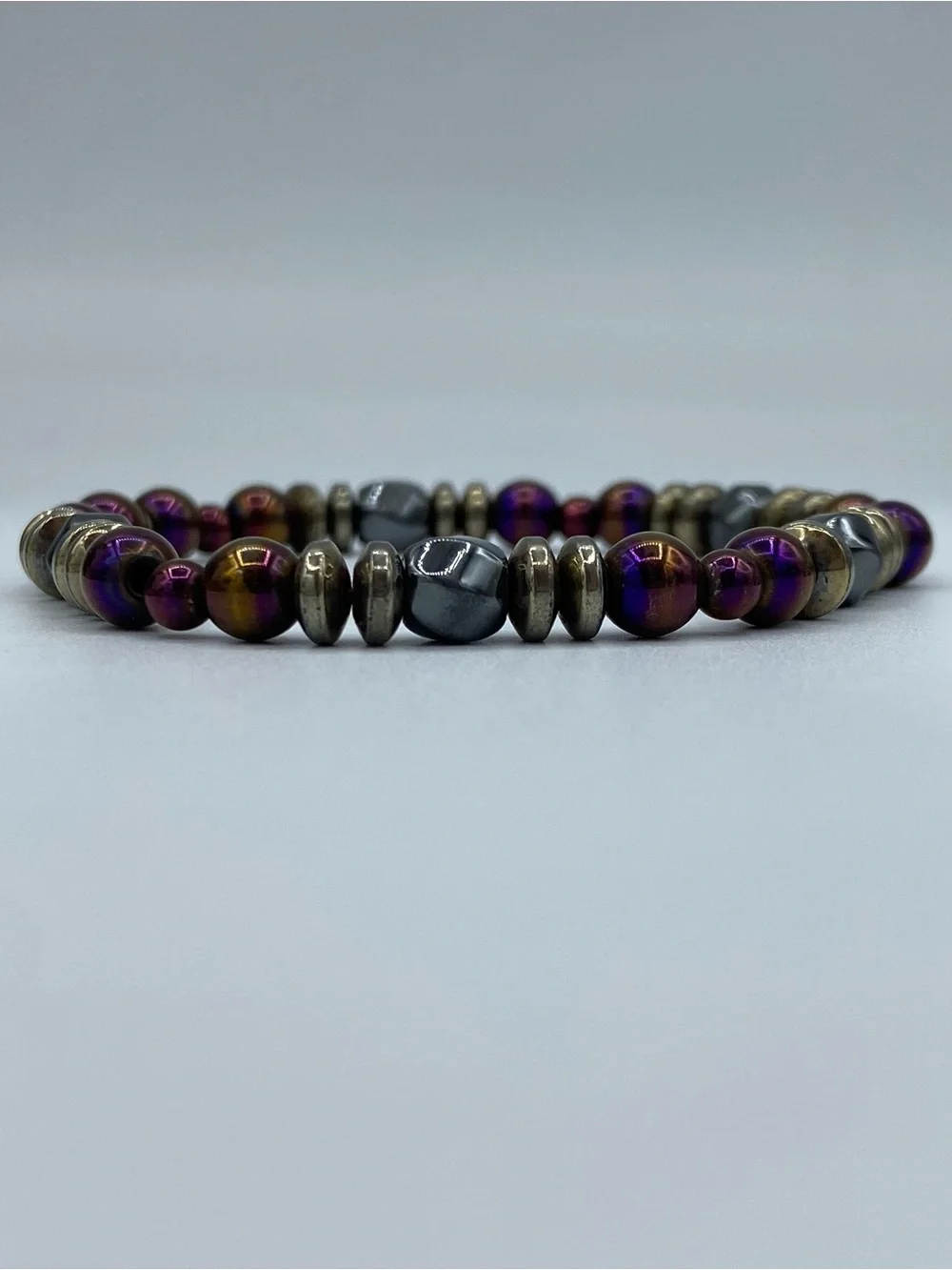 Hematite and Iridescent Purple Beaded Stretch Bracelet